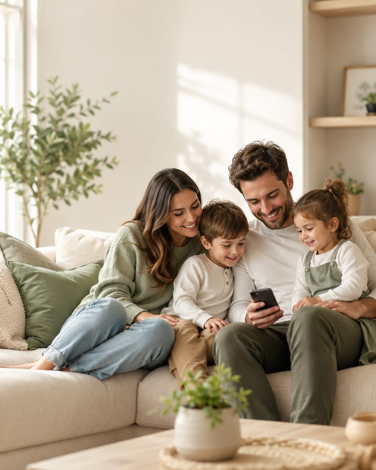 A relaxed family at home, a parent holding their phone